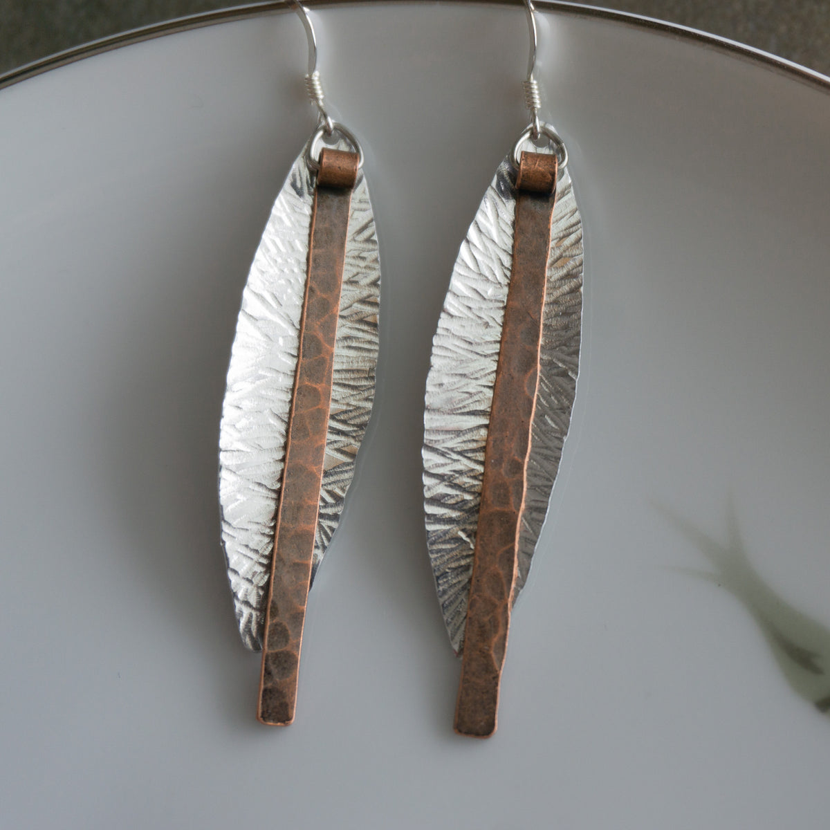 Narrow Aluminum and Copper Feather Earrings